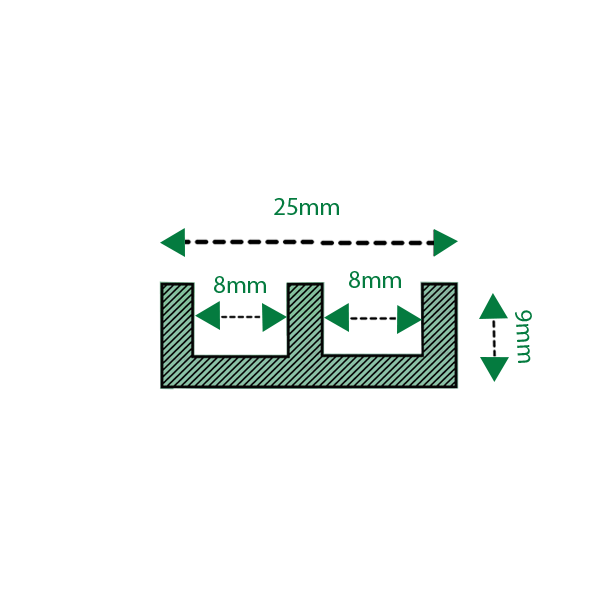 25mm x 9mm x 3mm Aluminium Double Channel Mill Finish 6063 - Heavy Duty, Corrosion-Resistant, Ideal for Shelving & Mounting Brackets